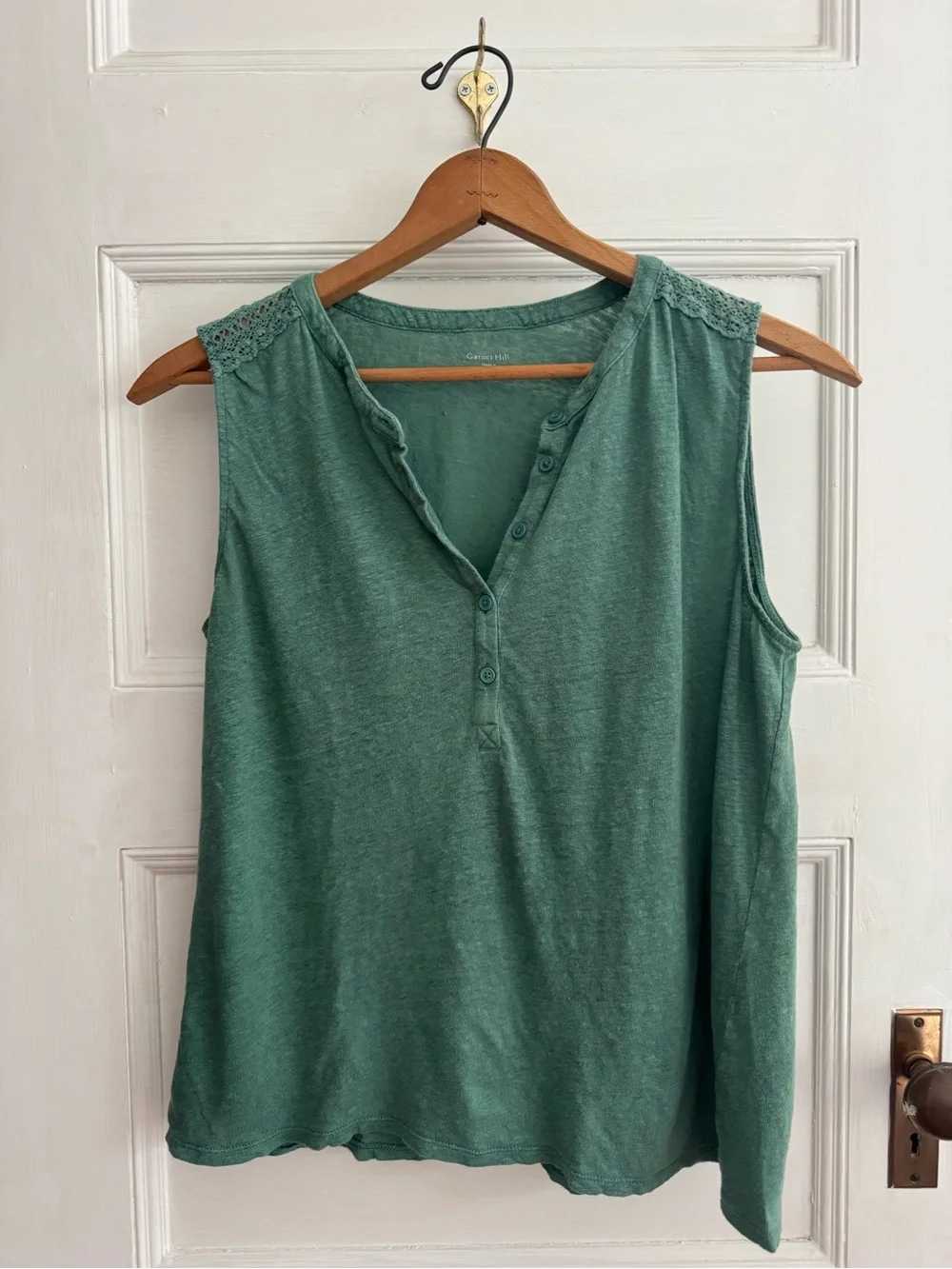 Garnet Hill Green Sleeveless Henley Tank with Lace Shoulders - Picture 1 of 5